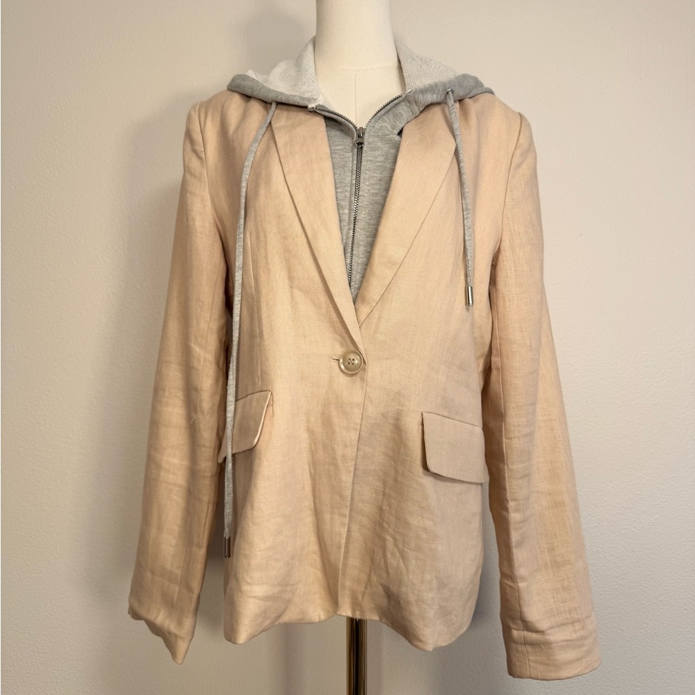 Central Park West Beige Linen Blend Blazer with Gray Hood